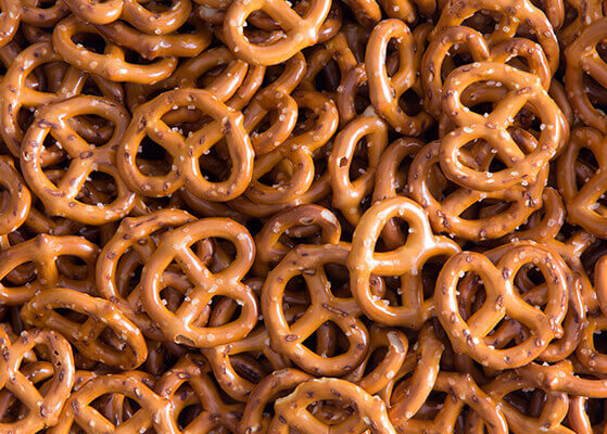 Close up view of a bowl of pretzels
