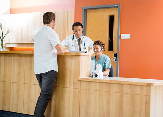 Stock image of a hospital check-in desk