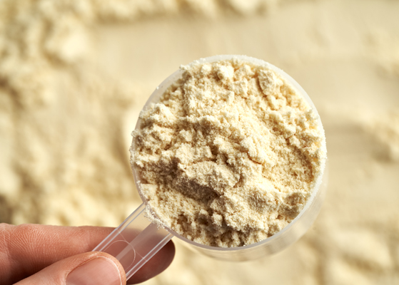 close up view of someone holding a scoop of whey protein 