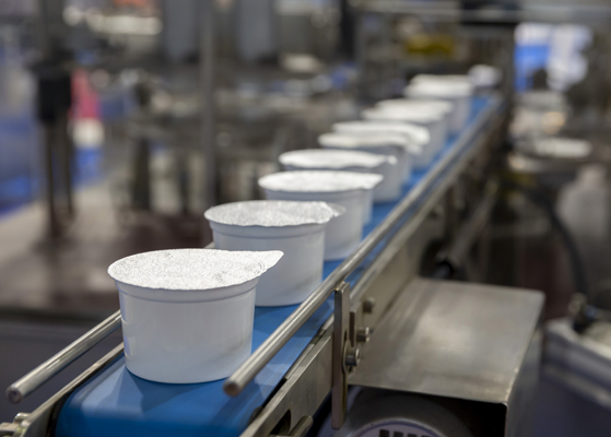 View of yogurts along a conveyor system at the Ehrmann Dairy Plant